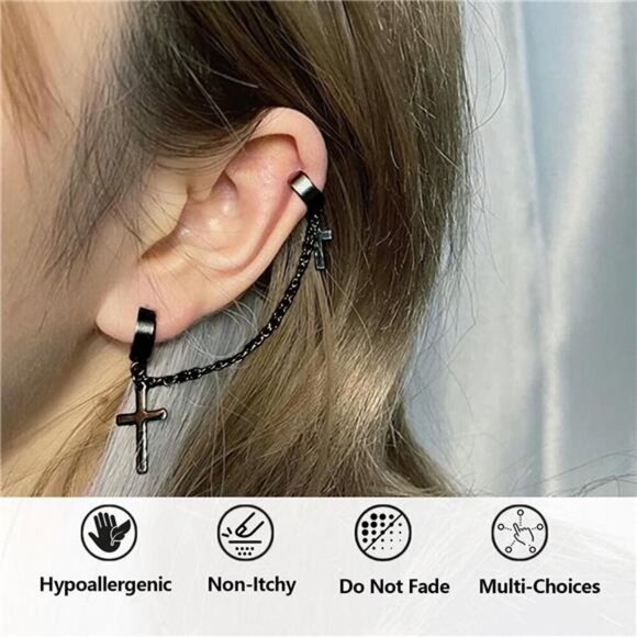 Gothic Punk Earring Set–15 Pairs Black Stainless Steel Studs, Hoops & Drop - Picture 3 of 6